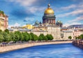 Saint Petersburg, Isaac`s Cathedral, waterfront canal and houses - Russia