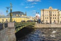 Saint Petersburg, Panteleimon bridge over the Fontanka river is decorated with gilded patterns of sculptures and lanterns