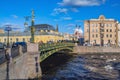 Saint Petersburg, Panteleimon bridge over the Fontanka river is decorated with gilded patterns of sculptures and lanterns