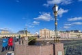 Saint Petersburg, Panteleimon bridge over the Fontanka river is decorated with gilded patterns of sculptures and lanterns