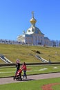 Family walks with a child among the attractions of Peterhof in St. Petersburg