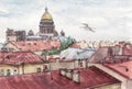 Saint-Petersburg roofs view in summer, watercolor sketch