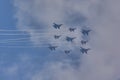 SAINT-PETERSBURG, RUSSIA Aerobatic team `Swifts` and `Russian knights` aircraft SU-30 and MiG-29` Royalty Free Stock Photo