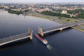 Saint Petersburg. Russia. Alexander Nevsky Bridge lifted. The drawbridges of Petersburg. Navigation on the Neva River. Cities of Royalty Free Stock Photo