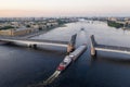 Saint Petersburg. Russia. Alexander Nevsky Bridge lifted. The drawbridges of Petersburg. Navigation on the Neva River. Cities of Royalty Free Stock Photo