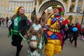 The annual holiday of April Fools` Day. Celebration in the city center. Costumed clowns, artists, mimes, fun, good mood. Many