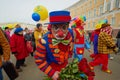 The annual holiday of April Fools` Day. Celebration in the city center. Costumed clowns, artists, mimes, fun, good mood. Many