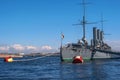 Saint Petersburg, Russia-April 28, 2018: The Cruiser Aurora. View from the stern of the ship. The ship is moored at