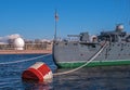 Saint Petersburg, Russia-April 28, 2018: The Cruiser Aurora. View from the stern of the ship. The ship is moored at