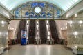 Saint-petersburg, Russia - 04 April 2020: An empty escalator moves through oval tube of light