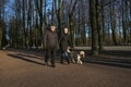 Saint-petersburg, Russia - 4 April 2020: Old couple walking up with golden labrador dog at park