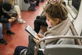 Saint-petersburg, Russia - 04 April 2020: People in subway. 1st week of self-isolation