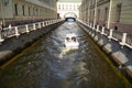 Saint Petersburg, Russia - August 20, 2022: the boat goes through the canal in St. Petersburg Royalty Free Stock Photo