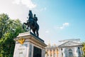 Monument to Peter I and Saint Michael`s Castle in Saint Petersburg, Russia
