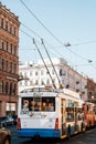 Old local tram bus with old buildings in Saint Petersburg, Russia