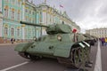 SAINT-PETERSBURG, RUSSIA - 11 AUGUST 2017: Original soviet military equipment and tanks on Palace Square, St. Petersburg, Russia. Royalty Free Stock Photo