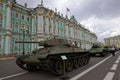 SAINT-PETERSBURG, RUSSIA - 11 AUGUST 2017: Original soviet military equipment and tanks on Palace Square, St. Petersburg, Russia. Royalty Free Stock Photo