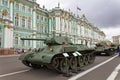 SAINT-PETERSBURG, RUSSIA - 11 AUGUST 2017: Original soviet military equipment and tanks on Palace Square, St. Petersburg, Russia. Royalty Free Stock Photo