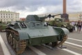 SAINT-PETERSBURG, RUSSIA - 11 AUGUST 2017: Original soviet military equipment and tanks on Palace Square, St. Petersburg, Russia. Royalty Free Stock Photo