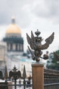 Saint-Petersburg, Russia, 31 August 2020: Sculpture of eagle at Alexander column on Palace square.