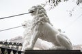 Saint-Petersburg, Russia, 28 August 2020: Side view of sculptures of lions.