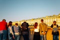 Sunset of Winter Palace Hermitage museum with tourist people on The Palace Bridge in Saint Petersburg, Russia Royalty Free Stock Photo