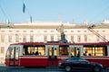 A.V. Suvorov statue and old tram in Saint Petersburg, Russia