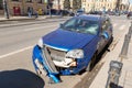 Saint Petersburg, Russia - 04.01.2022: Blue Chevrolet Lacetti car after car accident or crash on city street. Broken windshield,