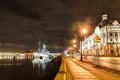 Saint- Petersburg, Russia, 23, December, 2017: Cruiser Aurora on a snowy evening Royalty Free Stock Photo