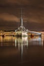 Saint- Petersburg, Russia, 23, December, 2017: Cruiser Aurora on a snowy evening Royalty Free Stock Photo