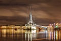 Saint- Petersburg, Russia, 23, December, 2017: Cruiser Aurora on a snowy evening Royalty Free Stock Photo