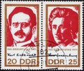 Saint Petersburg, Russia - December 19, 2019: Postage stamps issued in the German Democratic Republicwith portraits of Karl