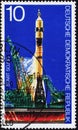 Saint Petersburg, Russia - December 19, 2019: Postage stamp issued in the German Democratic Republic with the image of Soyuz