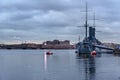 View of the Aurora Cruiser historical ship in the evening. Saint Petersburg, Russia Royalty Free Stock Photo