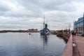 View of the Aurora Cruiser historical ship in the evening. Saint Petersburg, Russia Royalty Free Stock Photo