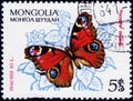 Saint Petersburg, Russia - February 06, 2020: Postage stamp issued in Mongolia with the image of the Peacock Butterfly, Inachis io