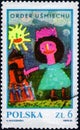 Saint Petersburg, Russia - February 20, 2020: Postage stamp issued in the Poland with the image of the Girl Near House, circa 1983