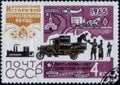 Saint Petersburg, Russia - February 20, 2020: Postage stamp issued in the Soviet Union with the image of the Post lorry and