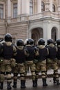 Saint Petersburg, Russia - 31 January 2021: Military force squad on street, protest in Russia. Riot police, Illustrative Editorial