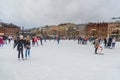People skate at ice rink in New Holland park in the winter. Saint Petersburg. Russia Royalty Free Stock Photo
