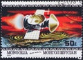 Saint Petersburg, Russia - January 03, 2020: Postage stamp issued in Mongolia dedicated to Soviet and American space missions,