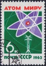 Saint Petersburg, Russia - January 13, 2020: Postage stamp issued in the Soviet Union with the image of the Atomic emblem and