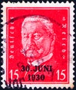 Saint Petersburg, Russia - January 26, 2020: Stamp issued in the Germany with a portrait of Paul von Hindenburg, 1847-1934, 2nd