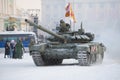 Tank T-72B3 closeup on Palace square. General rehearsal of the military parade