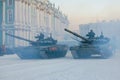 Two Russian tanks at the final rehearsal of the military parade