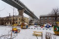 Western High-Speed Diameter over the building of kindergarten on Kanonersky Island in winter. Saint Petersburg. Russia, Royalty Free Stock Photo