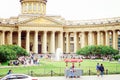 Beautiful ancient architecture of St. Petersburg. Tourists walk around the city