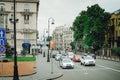 Cars stand on a red traffic light on the road in St. Petersburg Royalty Free Stock Photo