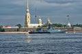 SAINT-PETERSBURG, RUSSIA - JULY 20, 2017: A combat ship at the rehearsal of the naval parade in St. Petersburg Royalty Free Stock Photo