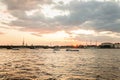 SAINT-PETERSBURG, RUSSIA, JULY 27, 2019. Panorama of the Peter and Paul Fortress in Saint Petersburg from Neva river on sunset Royalty Free Stock Photo